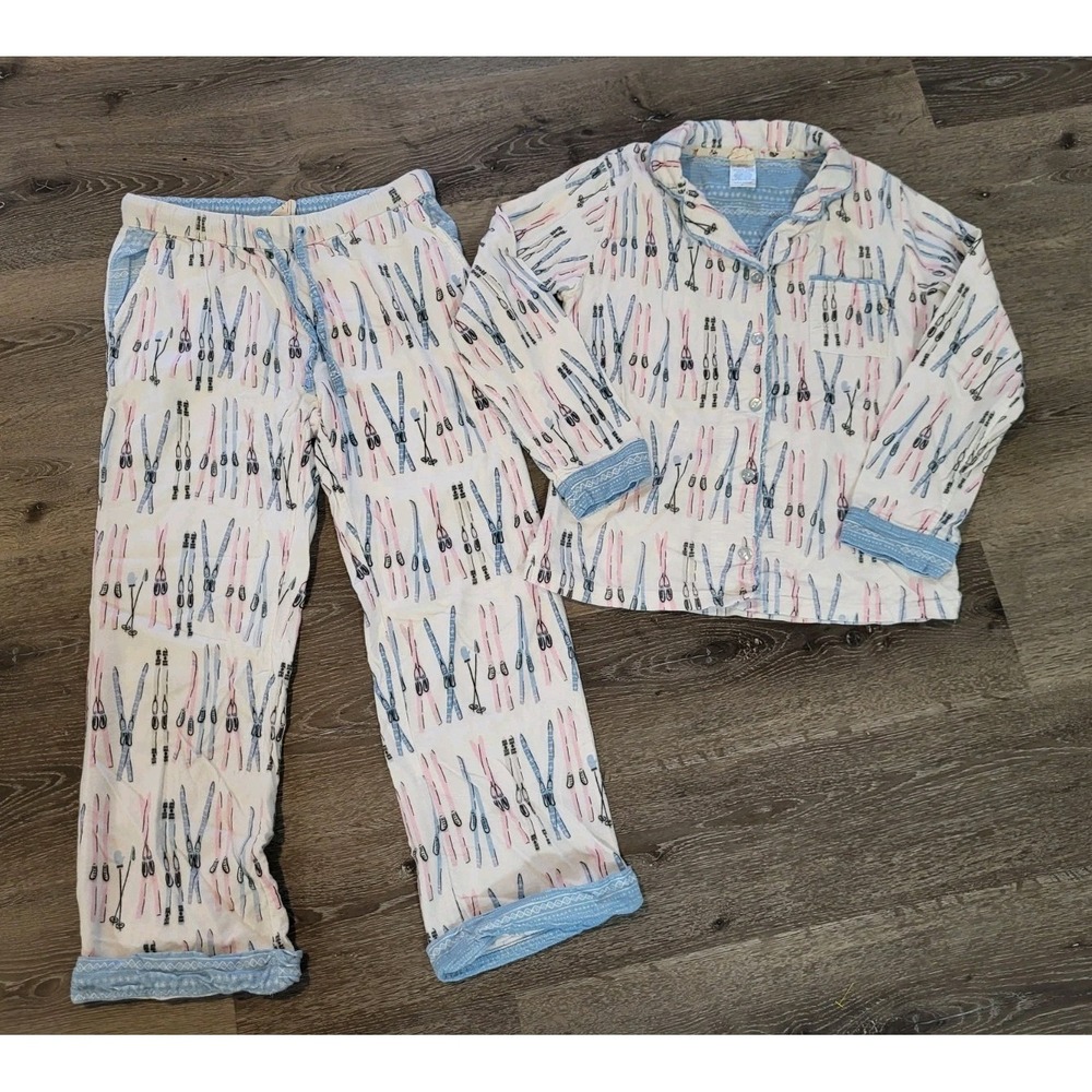 Munki Munki Ski Print 2pc Flannel Pajamas Pockets Pink Blue Sz S
